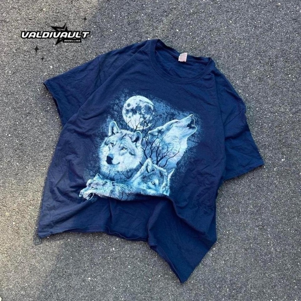 Nature Wolf Moon Mens XL Navy Blue T Shirt